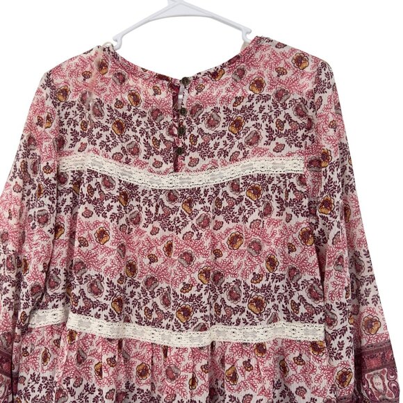 Jolt  Pink&Burgundy Bohemian Floral Long Sleeve Top Blouse SZ M Tiered Design - Picture 8 of 9